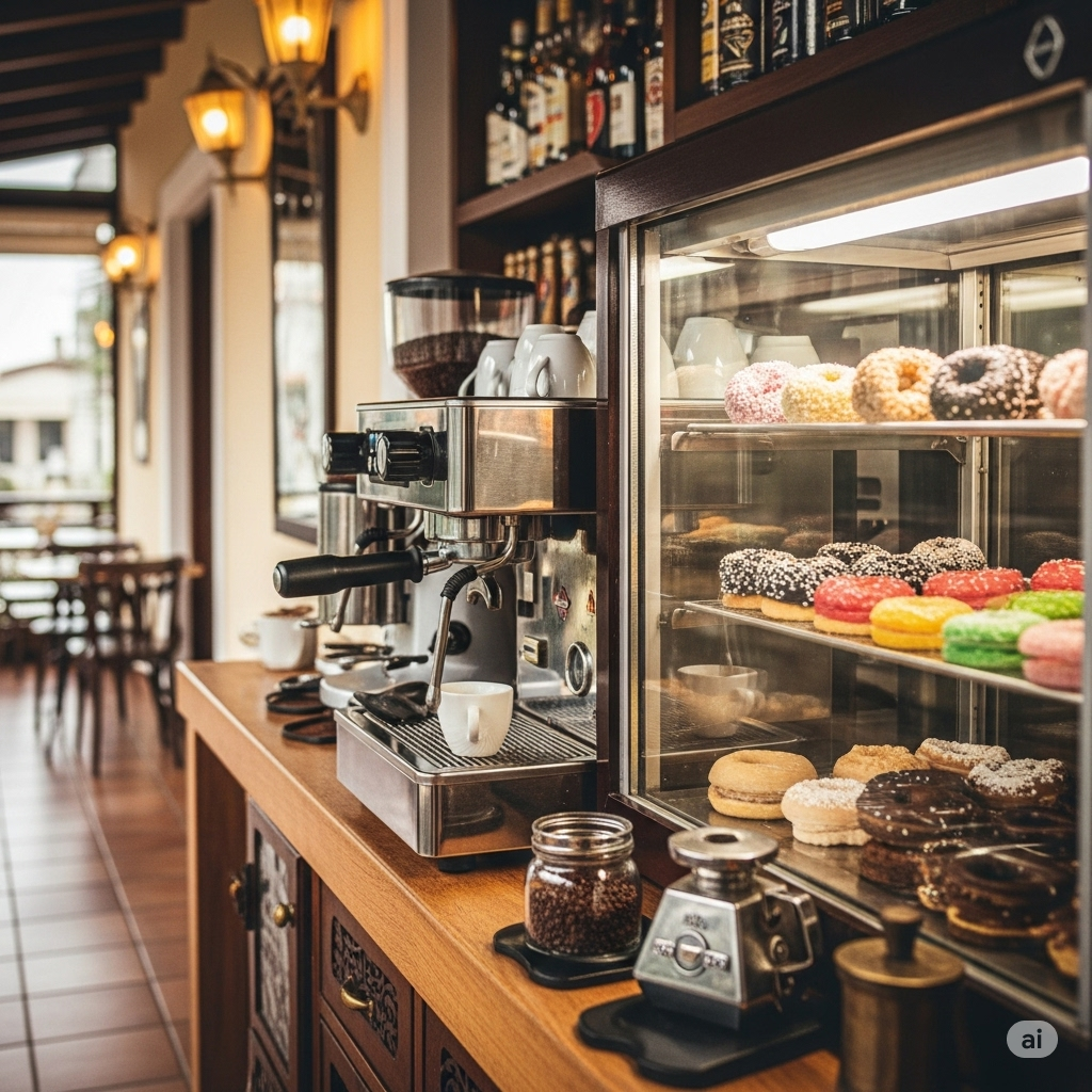 foto de balcão com cafeteira e doces 